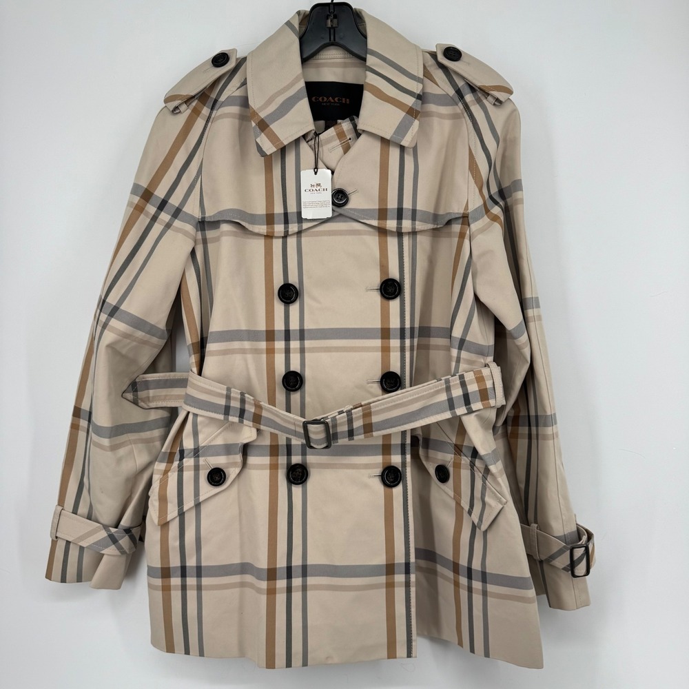 NWT Coach Tattersall Short Trench Coat Belted Stone Multi Plaid F86119 L NEW